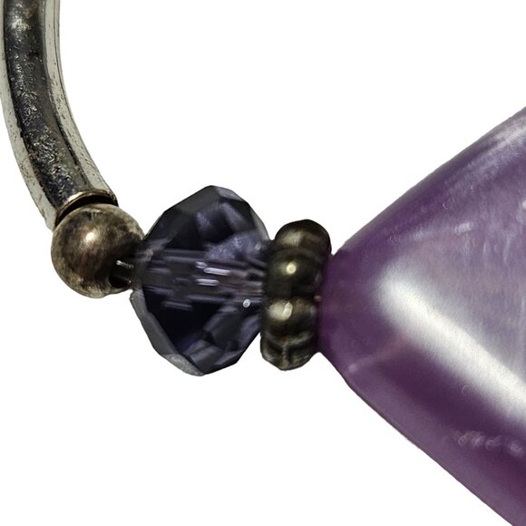 Elegant Purple Silver Beaded Stretch Bracelet Diamond Shaped Center Pendant - Picture 3 of 4